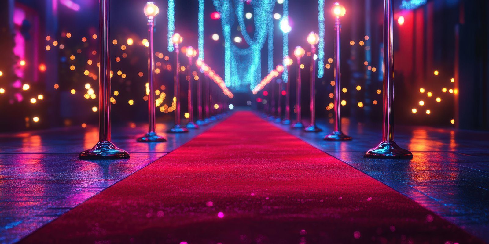 Illuminated walkway with red carpet leading to a glamorous venue during a nighttime event